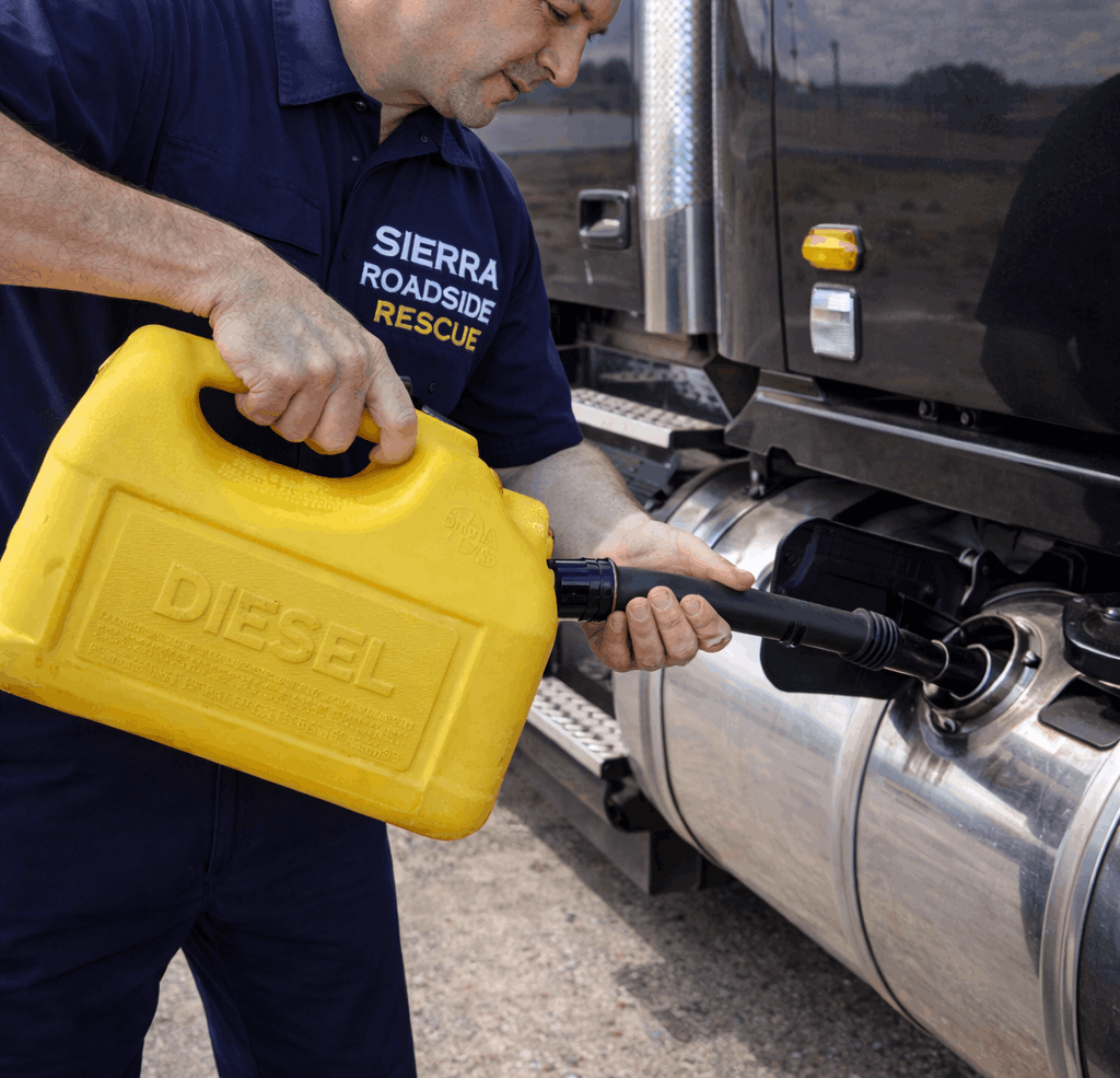 Sierra Auto Locksmith technician delivering diesel fuel to a semi truck