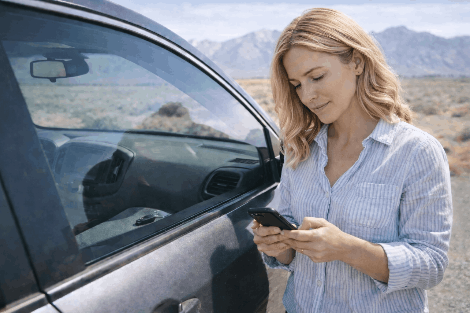 Driver texting for roadside assistance after keys were locked inside the car.