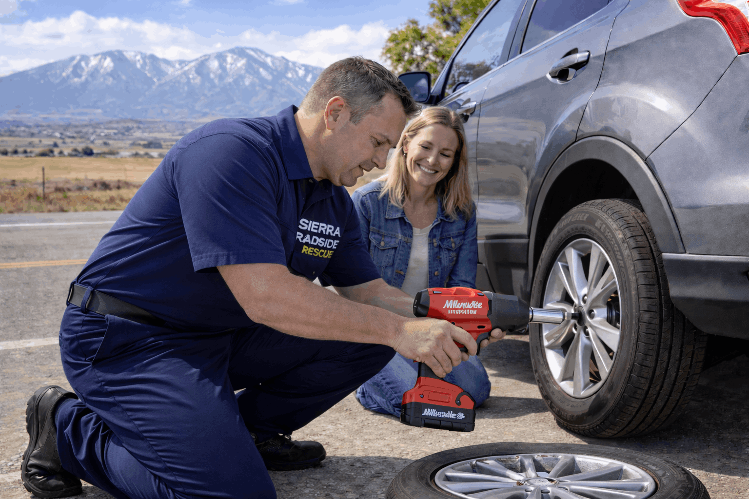 Sierra Roadside Rescue helping a customer with a roadside tire change
